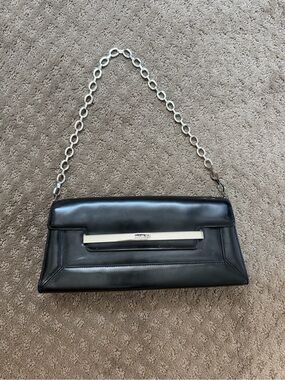 DKNY Black Leather Clutch with Silver Chain Detail